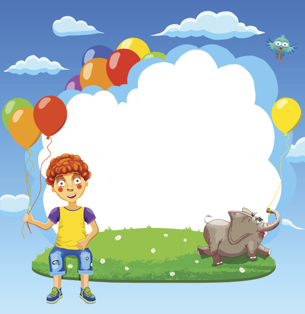 矢量插图的快乐的男孩与气球在草地上图片下载