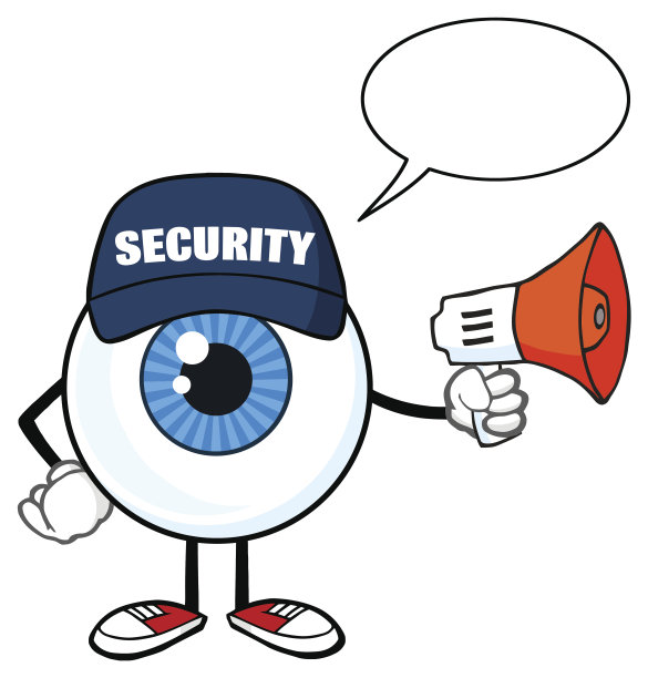 蓝色眼球卡通吉祥物人物保安使用扩音器与讲话气泡。图片下载