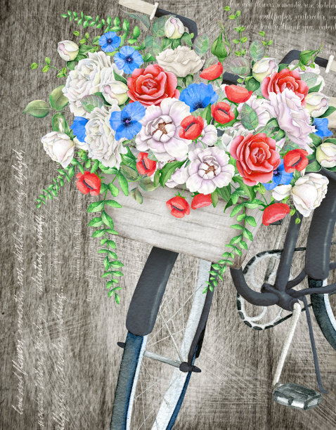 水彩黑色自行车与美丽的花篮在复古的背景图片下载