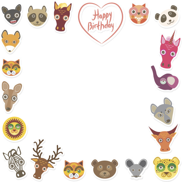 可爱的小动物们生日快乐。白色背景上的粉色心。向量素材图片