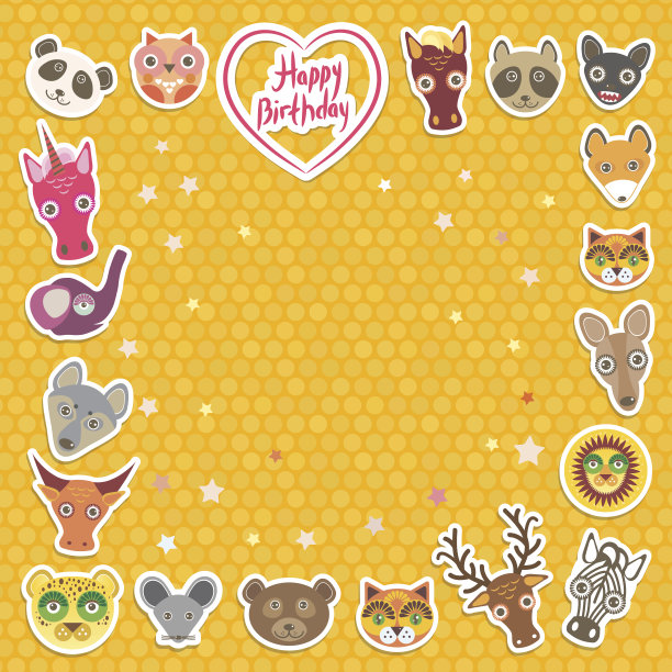 可爱的小动物们生日快乐。橙色圆点背景。向量素材图片