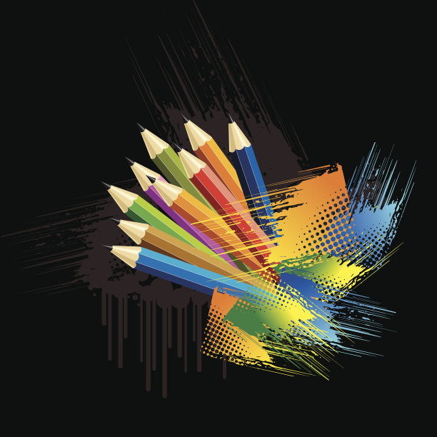 黑色背景上的各种彩色铅笔图片下载