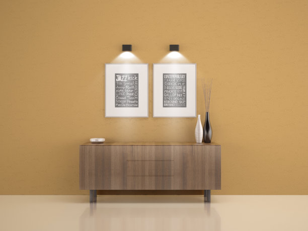 黄色带框架的木柜-客厅墙图片下载