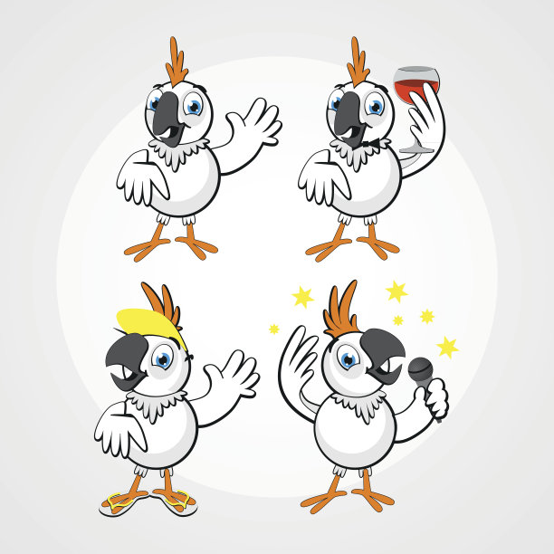 白色滑稽滑稽的鹦鹉在不同的姿势。图片下载