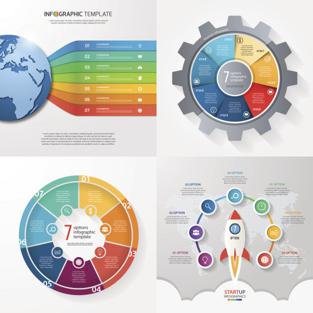 四个信息图表模板与7个步骤，选项，零件，过程图片下载