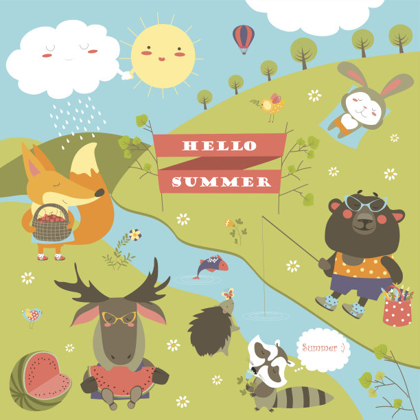 一组卡通人物和夏季元素图片下载