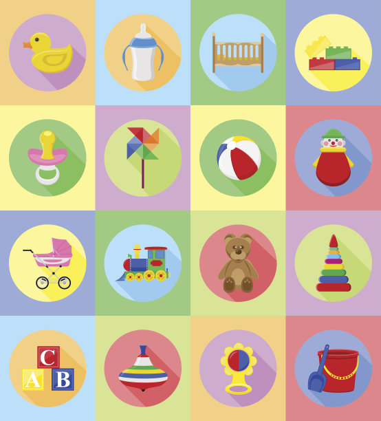 婴儿玩具和配件平面图标矢量插图图片下载