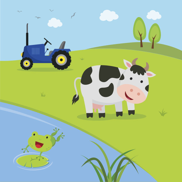 农场。牛与拖拉机与池塘。图片下载