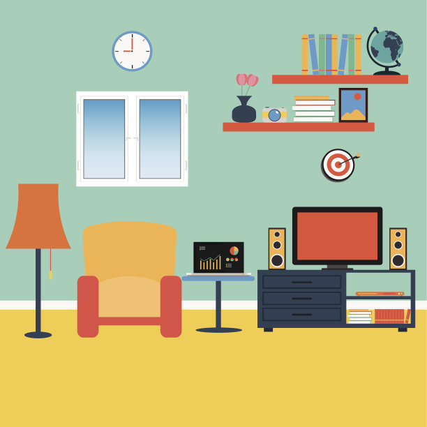 客厅向量。沙发，窗户，书图片下载