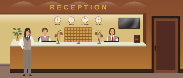 酒店接待服务。三名酒店员工欢迎客人。业务办公室接待员。图片下载