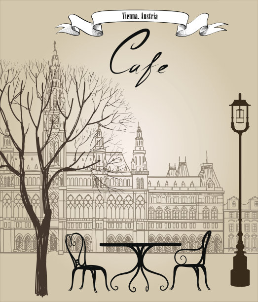 街头咖啡馆。古老的城市。城市景观-房子，建筑物，树，小巷。图片下载