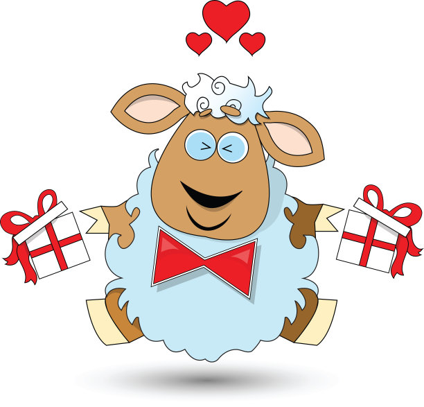 浪漫的绵羊在情人节带着爱心和礼物图片下载