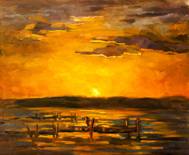 原来的油画。日落时分美丽的海滩图片下载