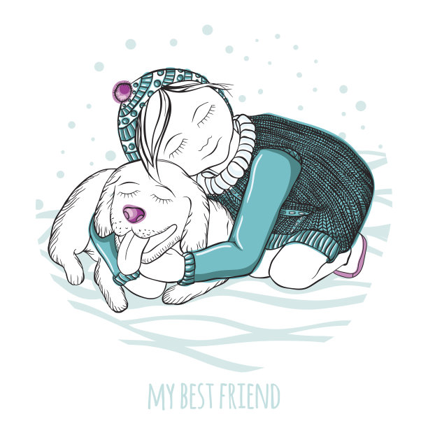 我最好的朋友。小女孩抱着一只好狗。冬天。图片下载