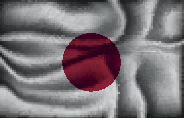 灯光背景下皱巴巴的日本国旗。图片下载