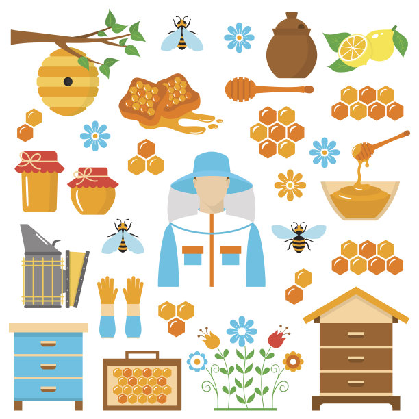 养蜂矢量平面图标设置素材图片