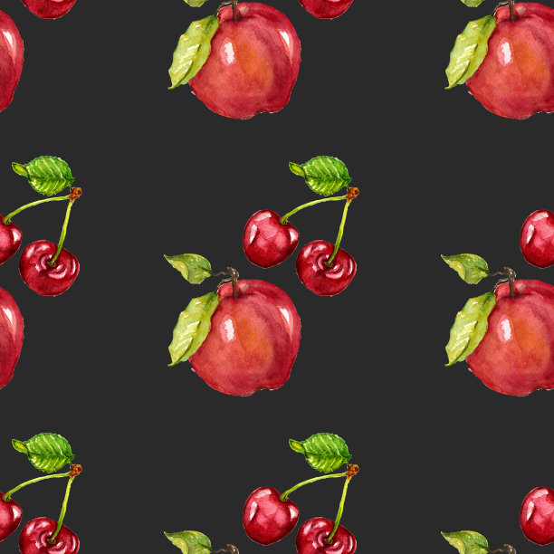 水彩无缝图案与水果深色背景图片下载