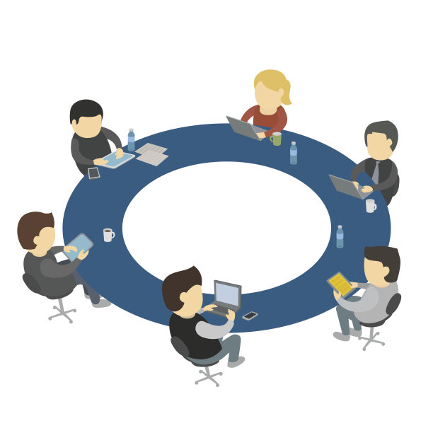 六个卡通人物围坐在桌子旁工作图片下载