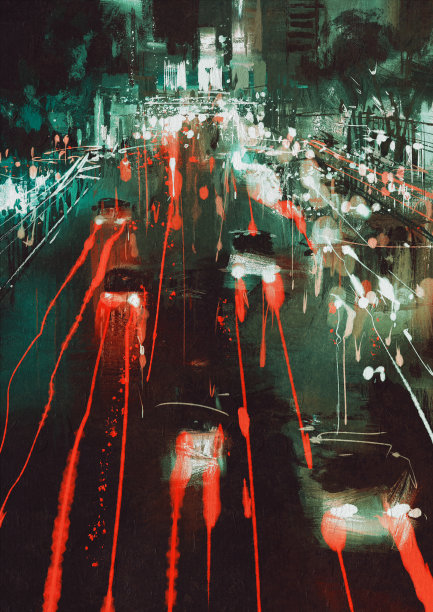 夜晚城市街道上的汽车前灯和尾灯图片下载