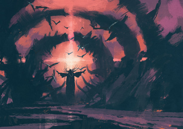 老巫师在巫师巢穴里施法图片下载