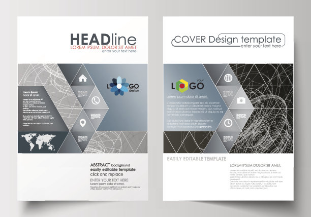 商业模板的小册子，杂志，传单。封面设计模板，平面布局A4大小。摘要在灰色背景下构建三维多边形分子，科学技术向量图片下载
