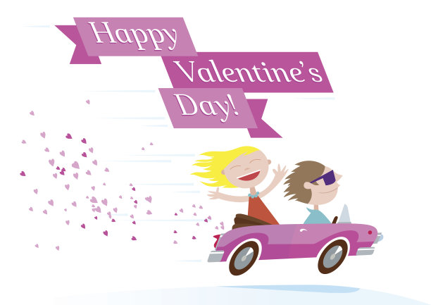 情人节这天，一对情侣乘坐一辆粉红色的敞篷车图片下载