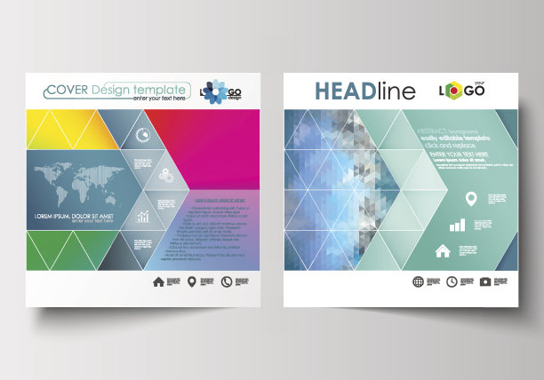 商业模板设计为广场宣传册，杂志，传单，小册子。传单封面，平面布局，便于编辑空白。抽象三角形，蓝色三角形背景，彩色多边形向量图片下载