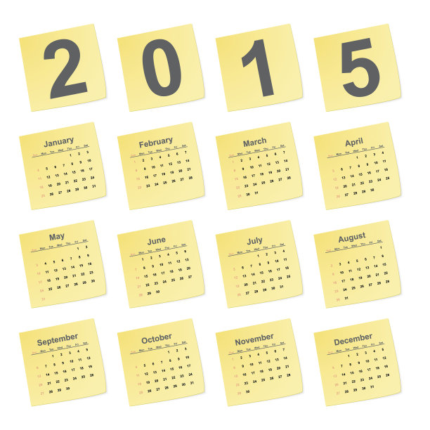 矢量简单日历2015年的黄色纸条。图片下载