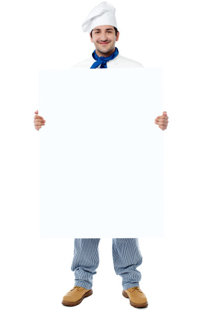 微笑的年轻厨师拿着广告牌图片下载