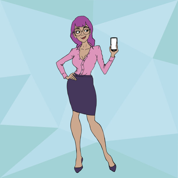 女孩穿着西装，手里拿着手机。图片下载