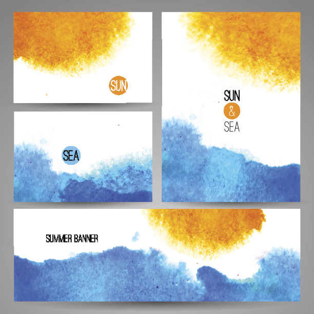 水彩海背景海报或卡片模板矢量艺术图片下载