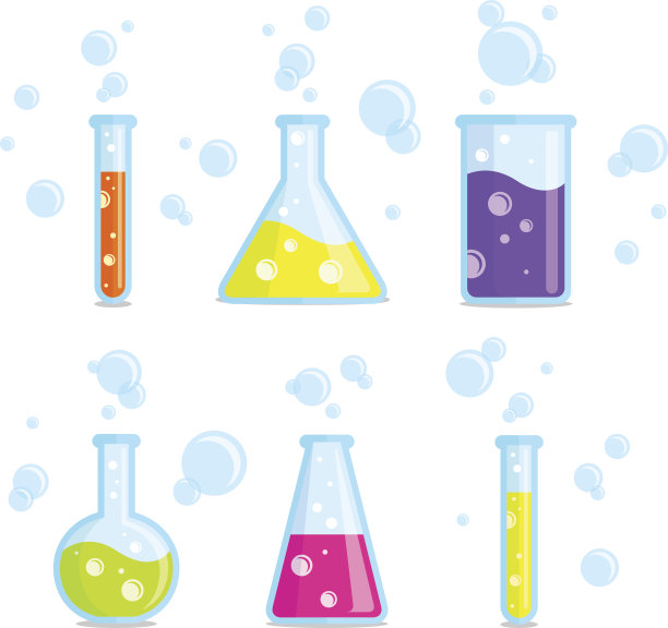 试管，烧杯，烧瓶和气泡。矢量彩色图标。图片下载