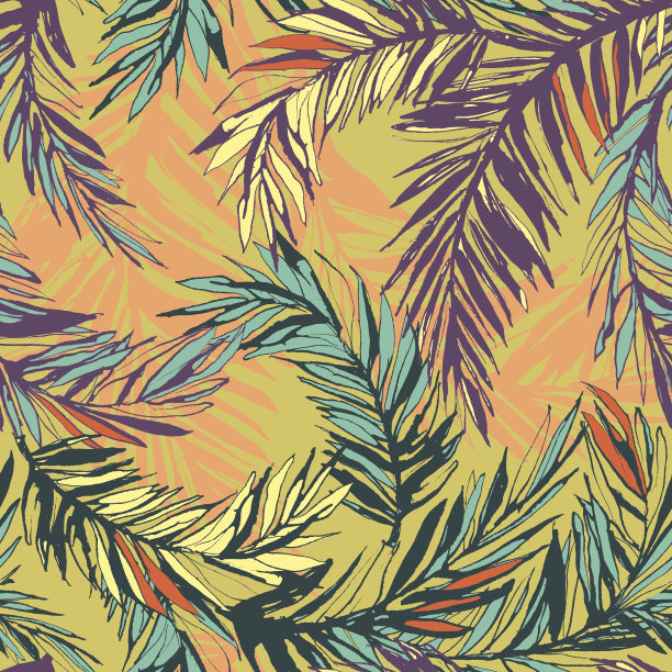 热带丛林花卉无缝图案背景与棕榈树素材图片