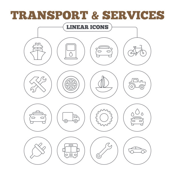 运输、服务图标。轮船、汽车和公共汽车图片下载