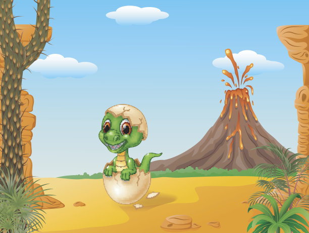 卡通有趣的婴儿霸王龙孵化与史前背景图片下载