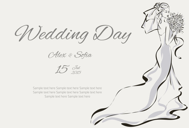 婚礼当天的邀请与新娘矢量插图图片下载
