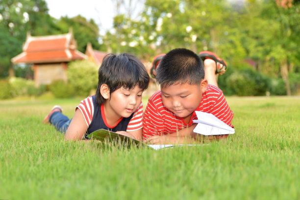 两个男孩，在草坪上看书图片下载