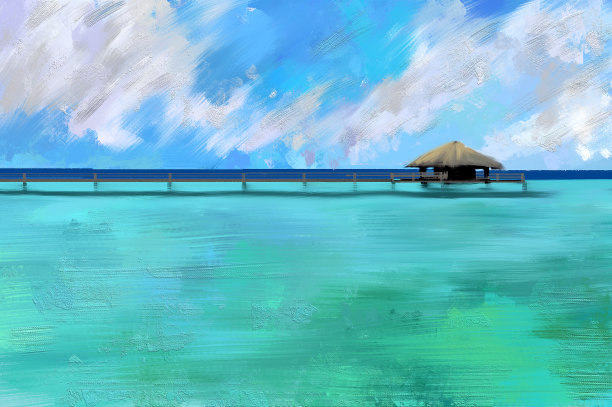 蓝色海洋上的水平房的数字画图片下载