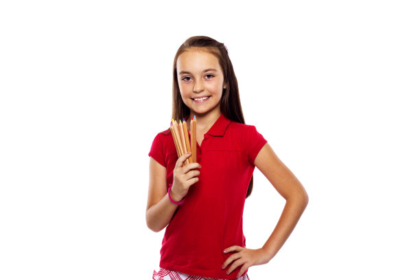 女孩与铅笔孤立在白色图片下载