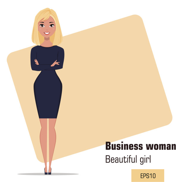 年轻的卡通女商人双手交叉站在办公室的情况图片下载