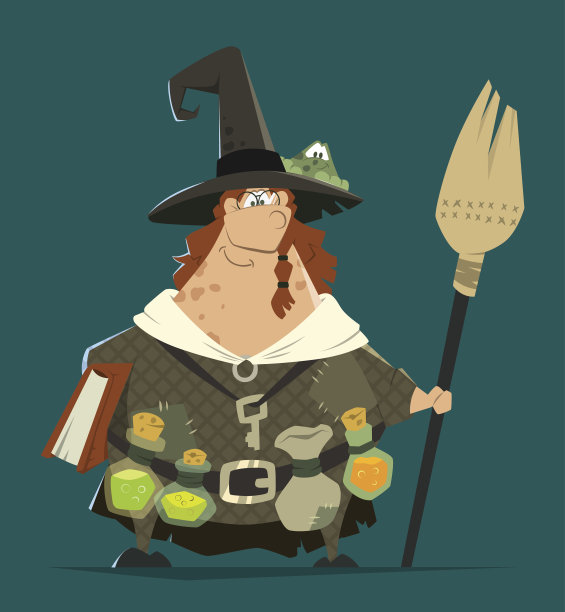 胖女人女巫矢量人物站在扫帚和书图片下载