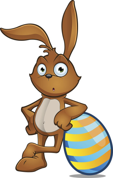 棕色兔子靠在一个条纹蛋上图片下载