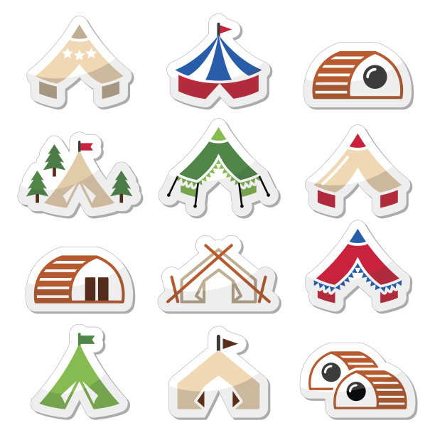 豪华野营，豪华露营帐篷和竹屋的图标集图片下载