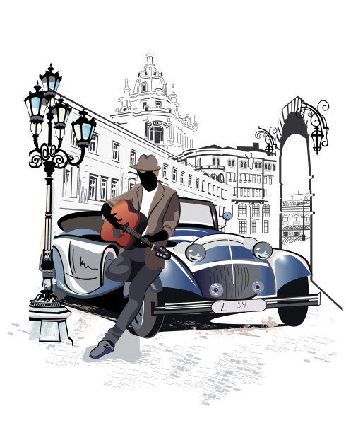 复古的背景装饰着复古的汽车和音乐家。图片下载