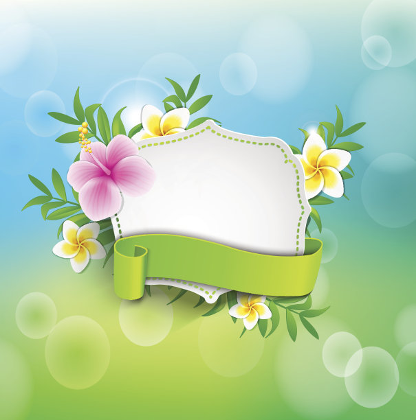 复古框架与丝带和热带花卉图片下载