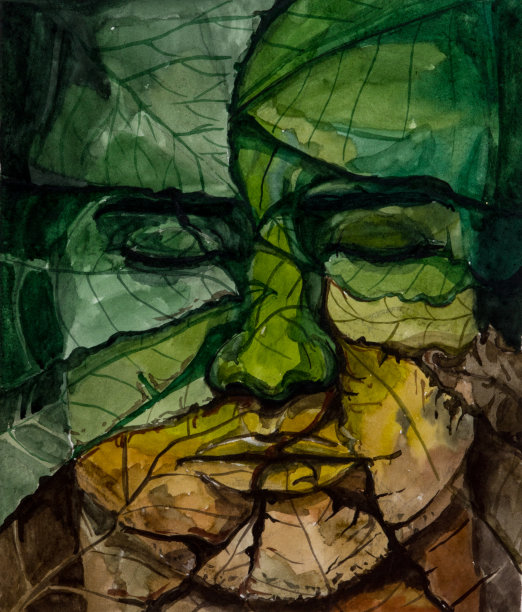 人的脸由树叶闭着眼睛，水彩画而成图片下载