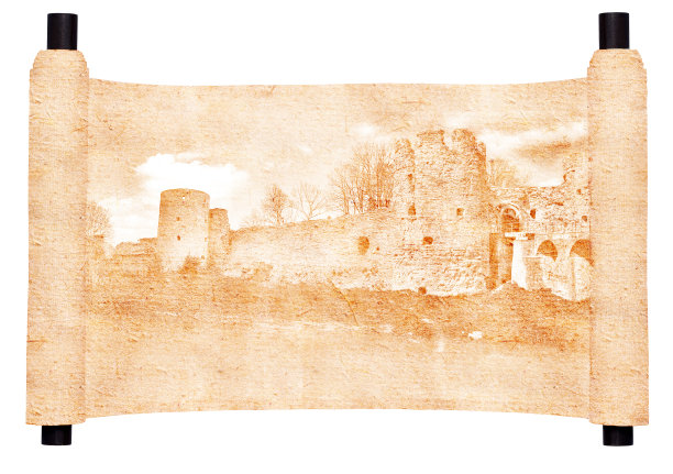 古卷轴上有堡垒的风景图片下载