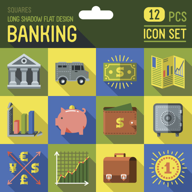 银行方块图标设置。平面设计长阴影。矢量插图。图片下载