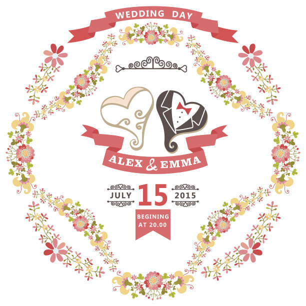 可爱的婚礼邀请与程式化的心和花卉框架图片下载