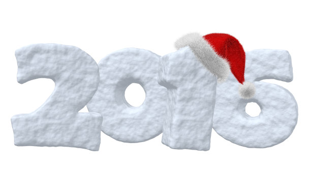 2016年的新年标志用雪做成，戴着圣诞老人的帽子图片下载